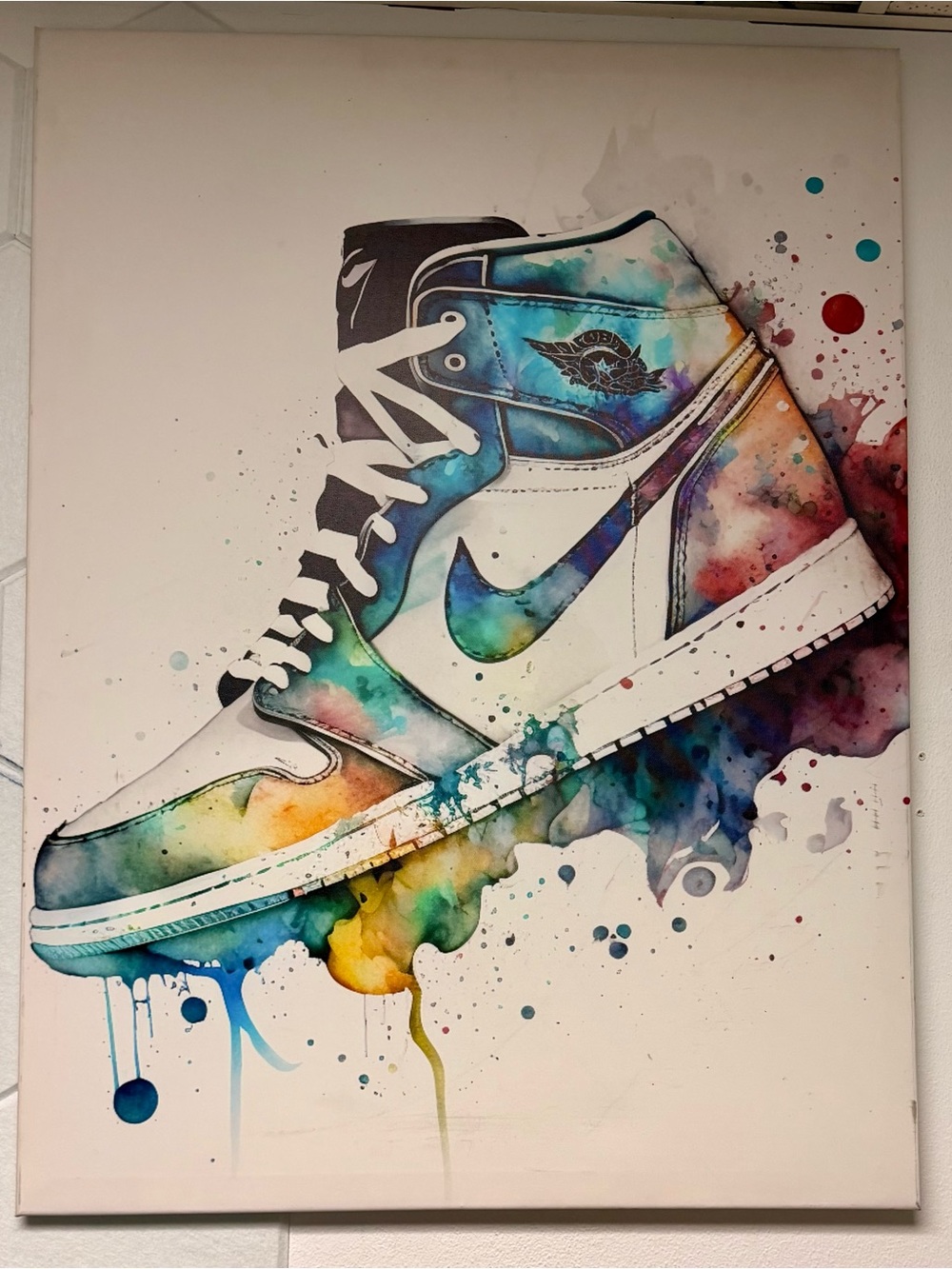 Nike Jordan1 High-Top Sneaker Watercolor Art in Teal, Blue, Purple, Yellow, Art